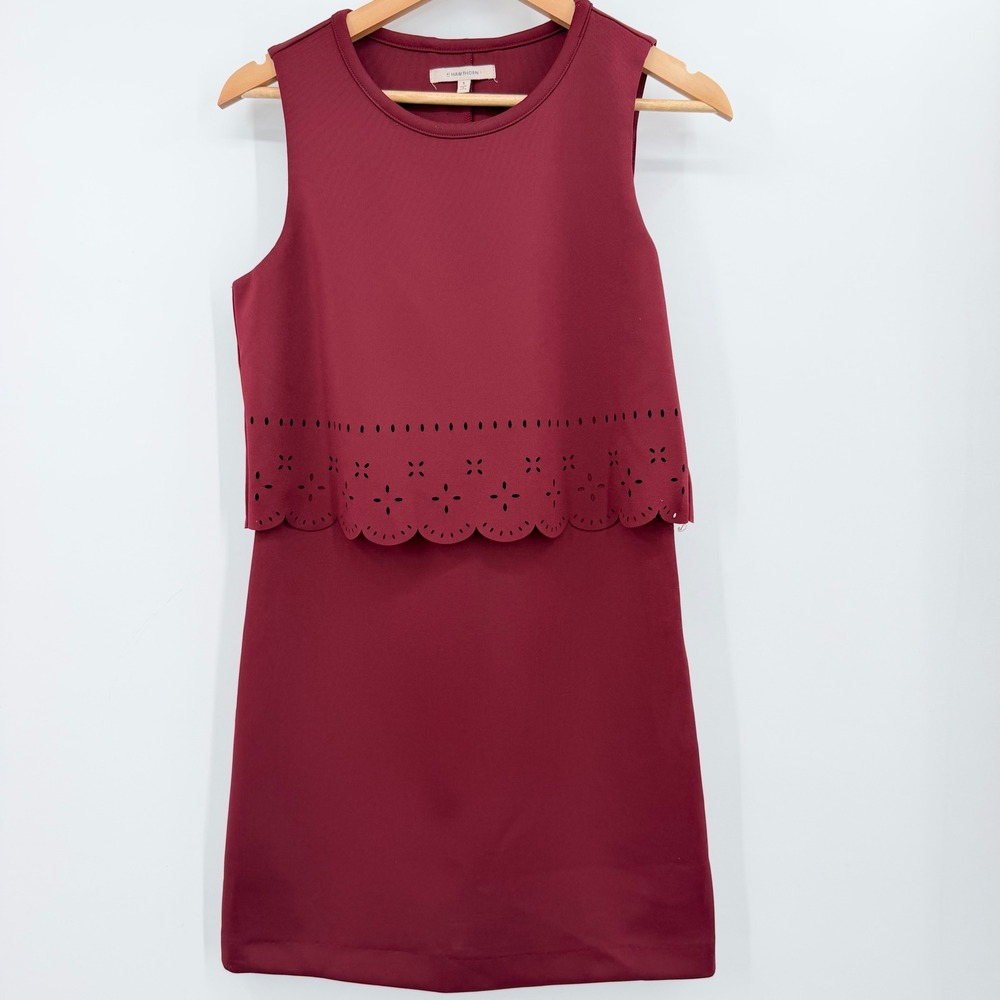 Fall Burgundy Sleeveless Laser Cut Scalloped Eyelet Shift Dress Size Small